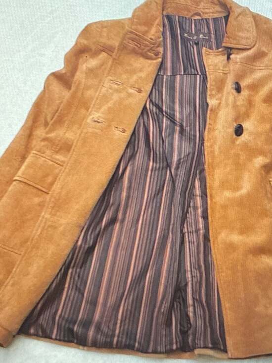 Y2K Baxis & Baxis Pea Coat Jacket M Womens Suede Leather Lined Tan Double Breast - Picture 4 of 9